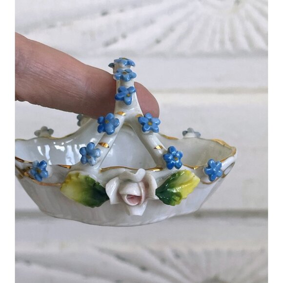 Antique 2 Porcelain Rose & Forget Me Nots Trinket Basket Elfinware Floral German - Picture 6 of 15
